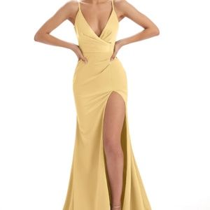 Gold Sexy Soft Satin Side Split Spaghetti Straps V neck Dress